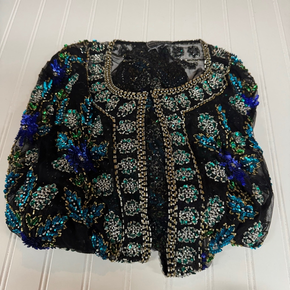 Jean For Joseph Le Bon Pure Silk Beaded Sequined Multicolor Floral Jacket Sz XL - Picture 8 of 9